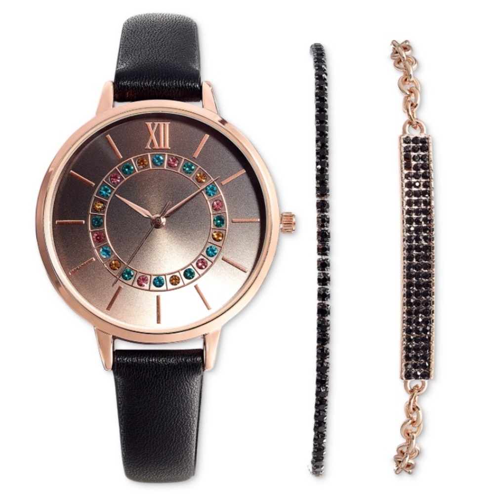 NWT I.n.c. International Concepts Women's Black Strap Watch 39mm Gift Set, Black
